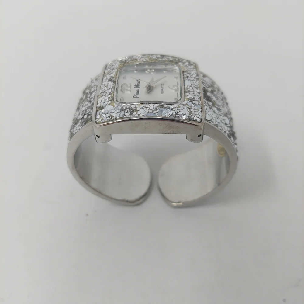 Pierre Nicol Silver Sequin Sparkly Watch Cuff Bracelet Square Face Glam Bling